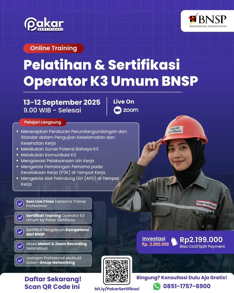 Jadwal Pelatihan & Sertifikasi BNSP Operator K3 Umum